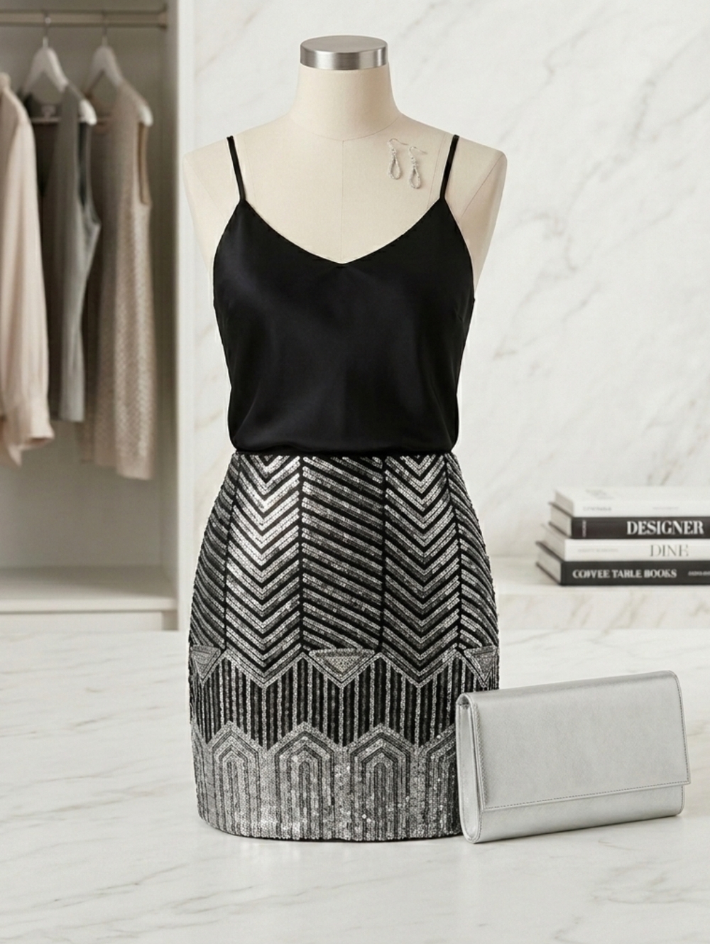 Express Cocktail Old Money Silver & Black Sequin Art Deco Mini Skirt - Small